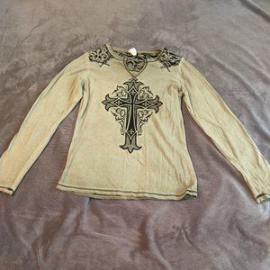 Long Sleeve Green and Black Beaded Affliction T-Shirt